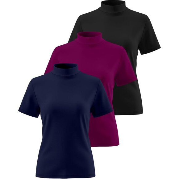 3 Pack Women's Mock Neck Shirts Short Sleeve Turtleneck Casual Blouse - Picture 2 of 6